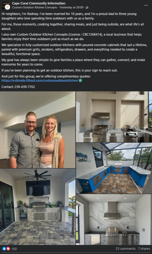 Ride the Wave local Facebook group post example 1: Project story with photos and contact details